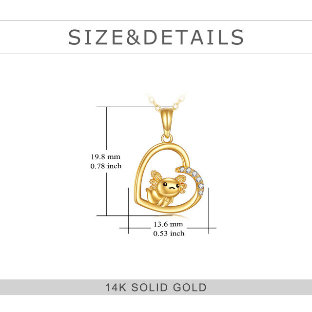 Colar com pendente Axolotl e coração em zircónio cúbico em ouro de 14K-5