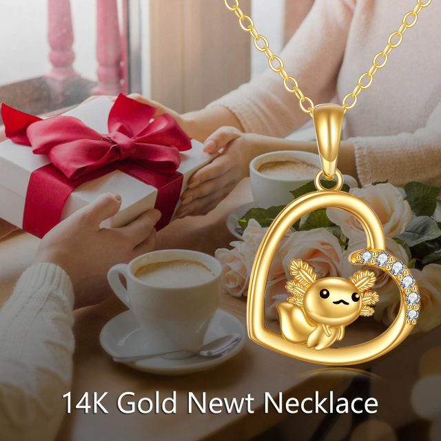 14K Gold Cubic Zirconia Axolotl & Heart Pendant Necklace-4