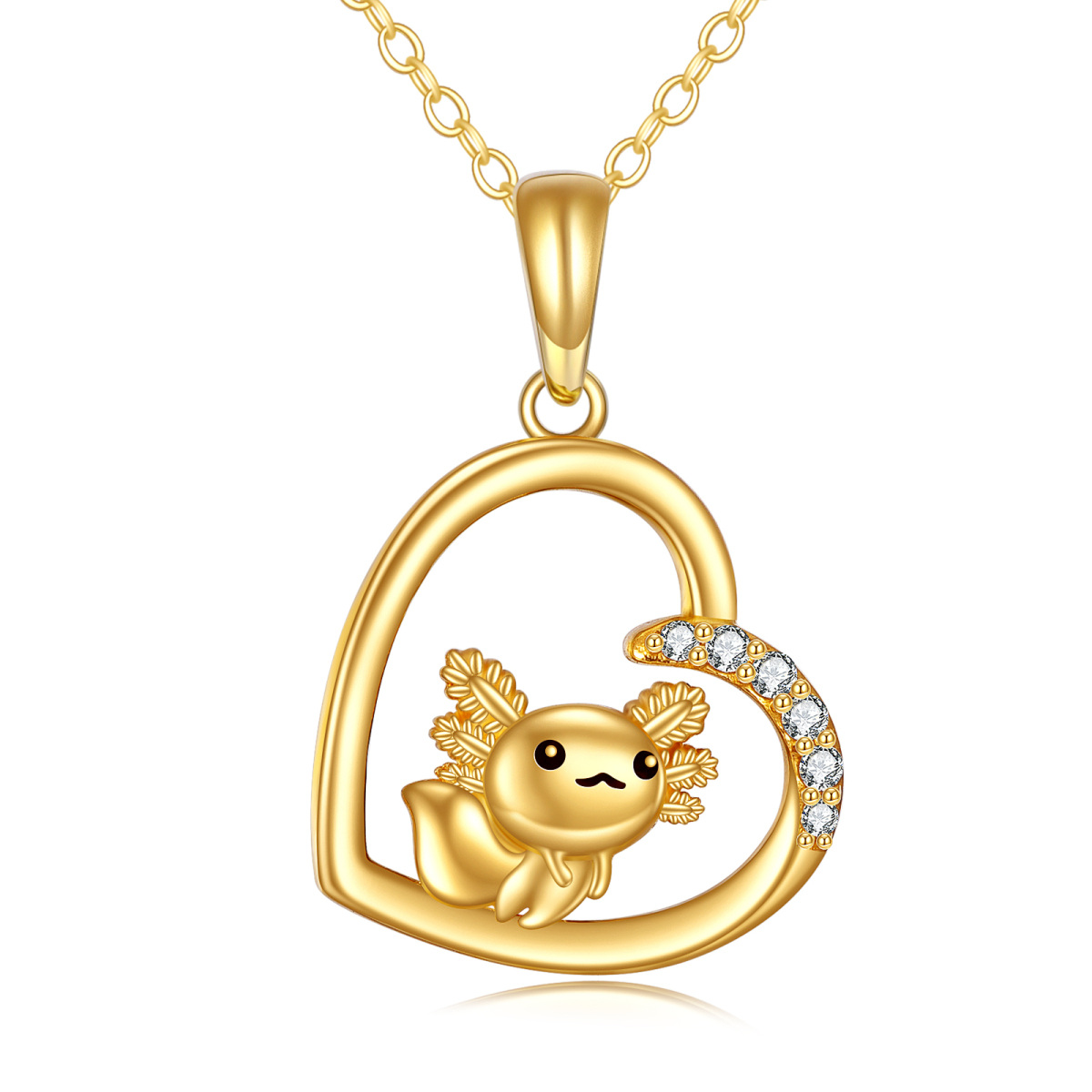 14K Gold Cubic Zirconia Axolotl & Heart Pendant Necklace-1