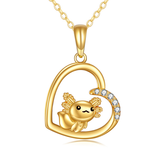 14K Gold Cubic Zirconia Axolotl & Heart Pendant Necklace-0