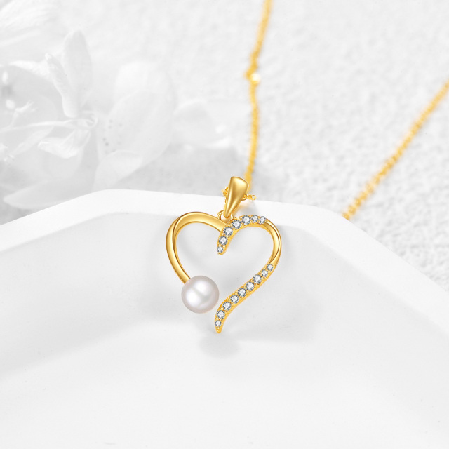 14K Gold Round Cubic Zirconia & Pearl Heart Pendant Necklace-2