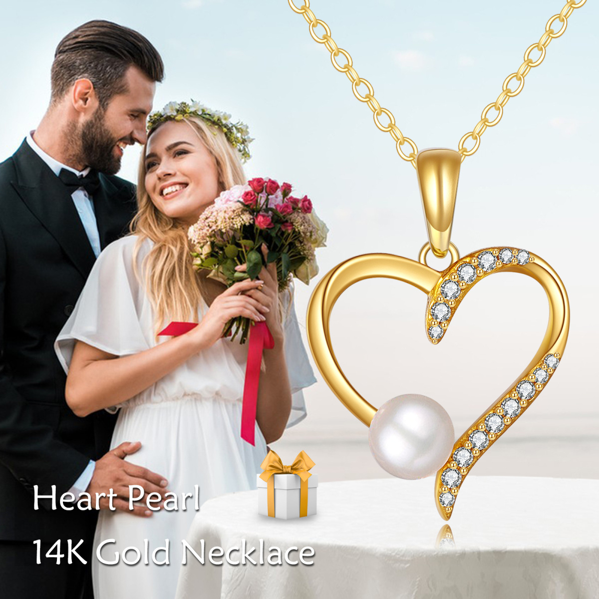 14K Gold Runde Zirkonia & Perle Herz Anhänger Halskette-6