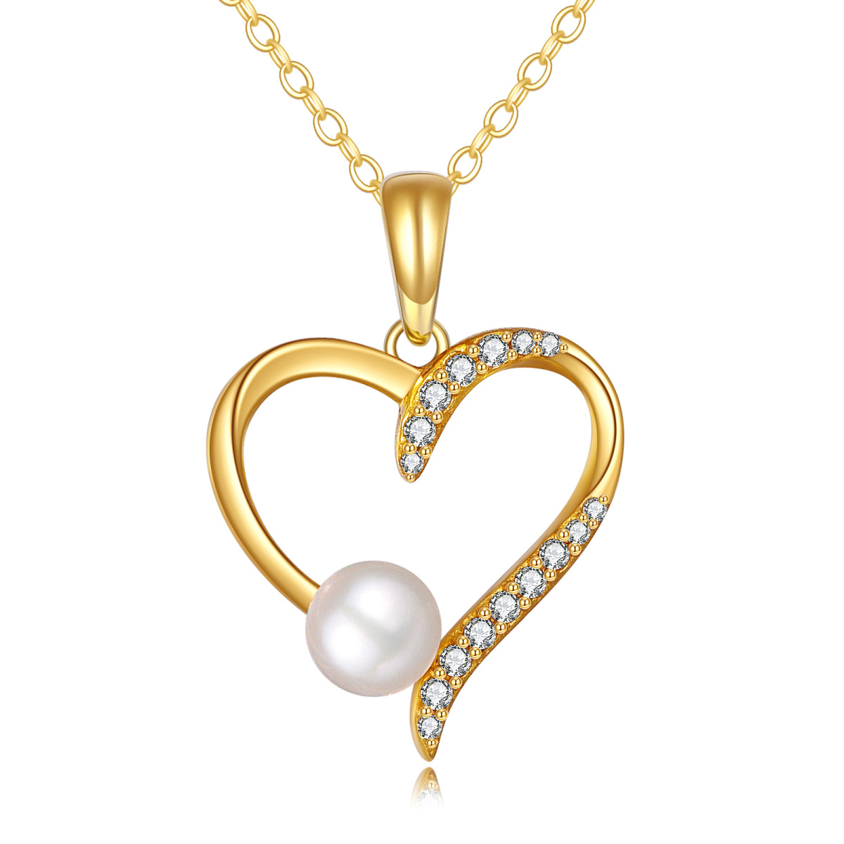 14K Gold Round Cubic Zirconia & Pearl Heart Pendant Necklace-1