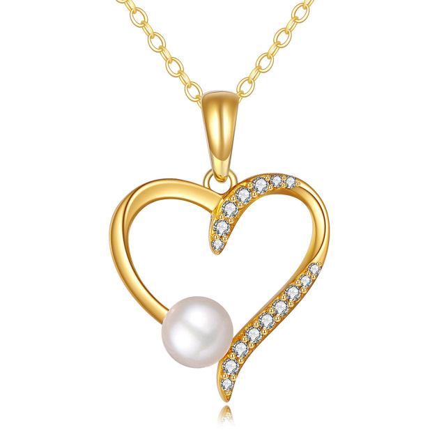 14K Gold Round Cubic Zirconia & Pearl Heart Pendant Necklace-0