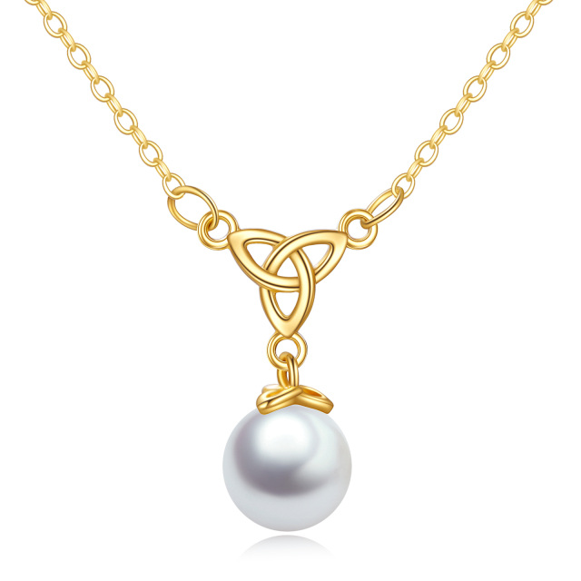 14K Gold Circular Shaped Pearl Celtic Knot Pendant Necklace-4