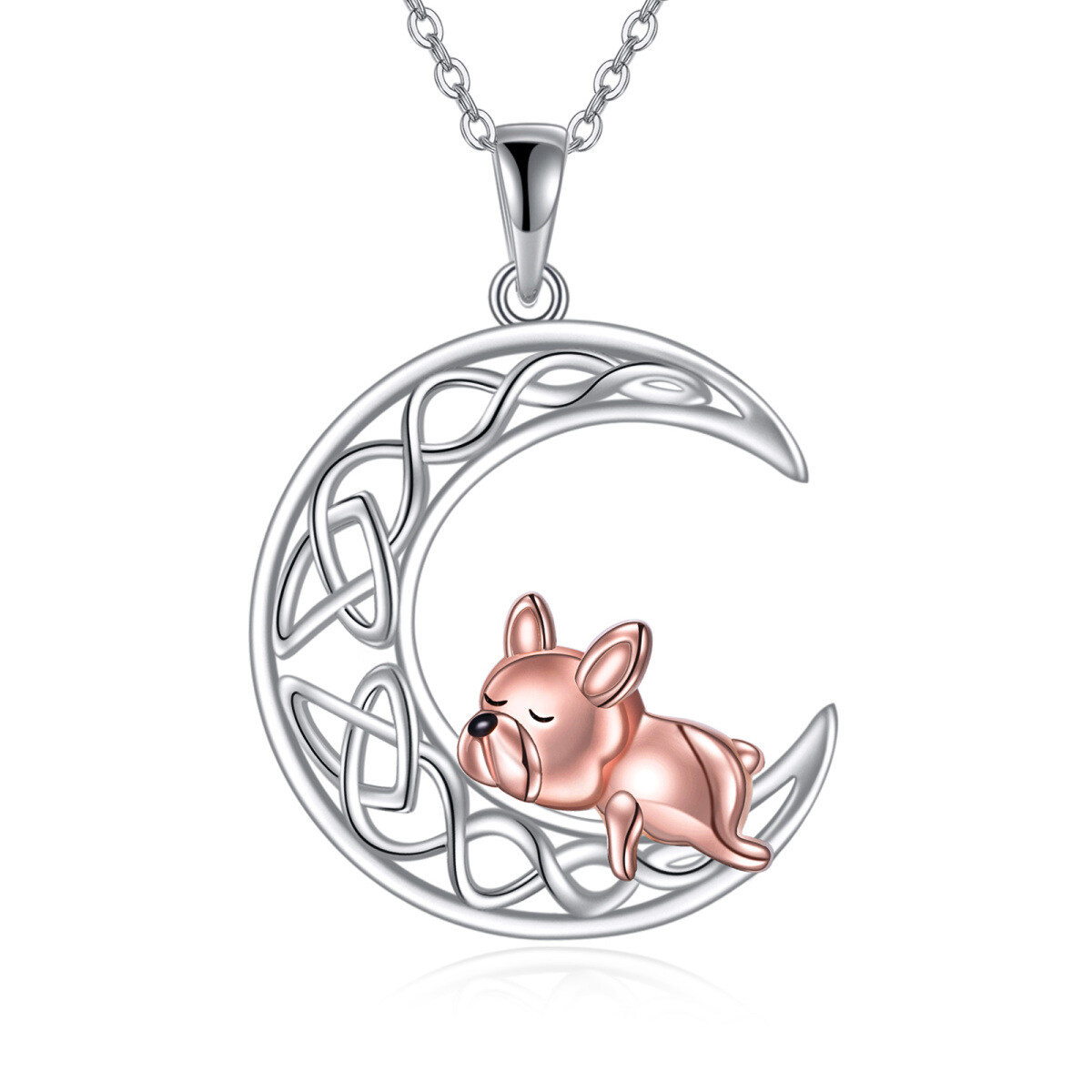 Sterling Silver Two-tone Dog & Celtic Knot & Moon Pendant Necklace-1