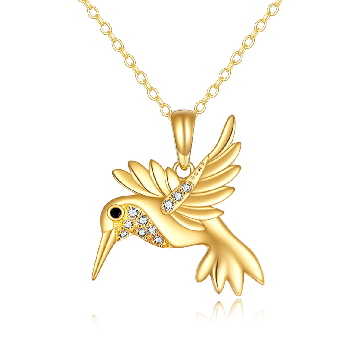 14K Gold Cubic Zirconia Hummingbird Pendant Necklace-1