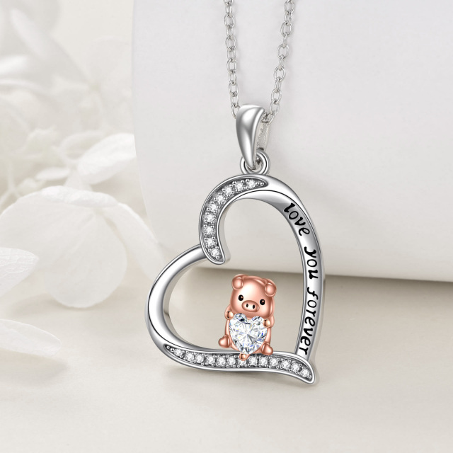 Sterling Silver Two-tone Zircon Pig & Heart Pendant Necklace with Engraved Word-2