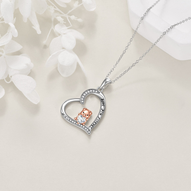 Sterling Silver Two-tone Zircon Pig & Heart Pendant Necklace with Engraved Word-3