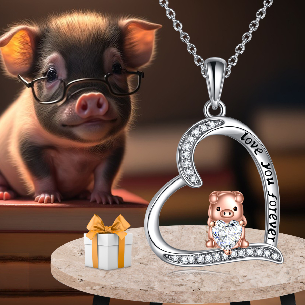 Sterling Silber zweifarbig Zirkon Schwein & Herz Anhänger Halskette mit eingraviertem Wort-6