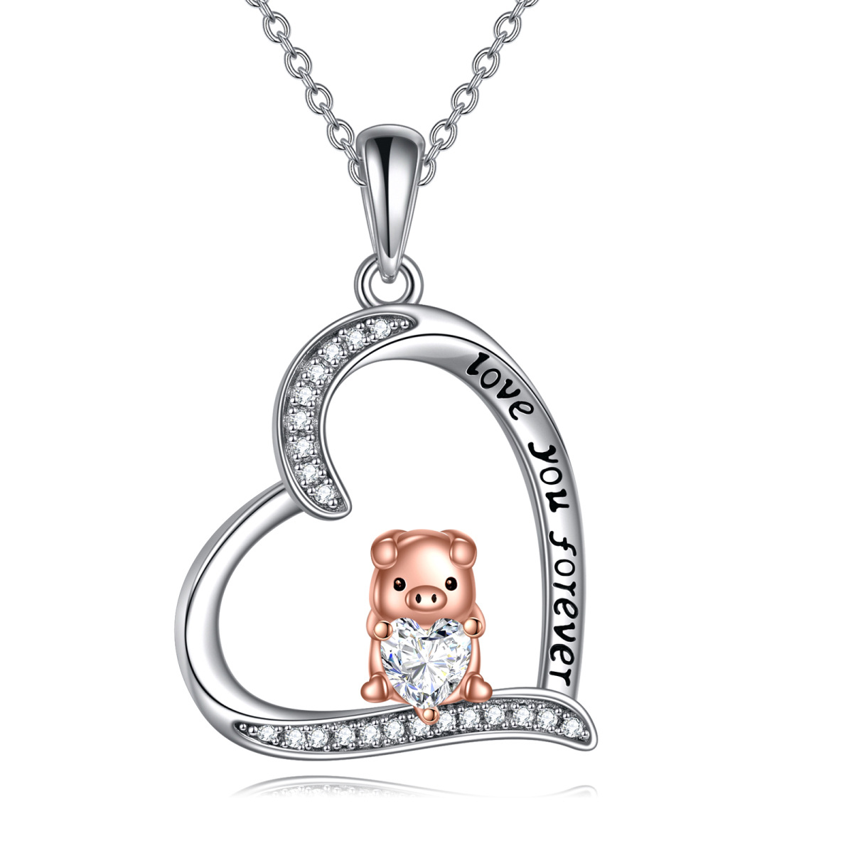 Sterling Silver Two-tone Zircon Pig & Heart Pendant Necklace with Engraved Word-1