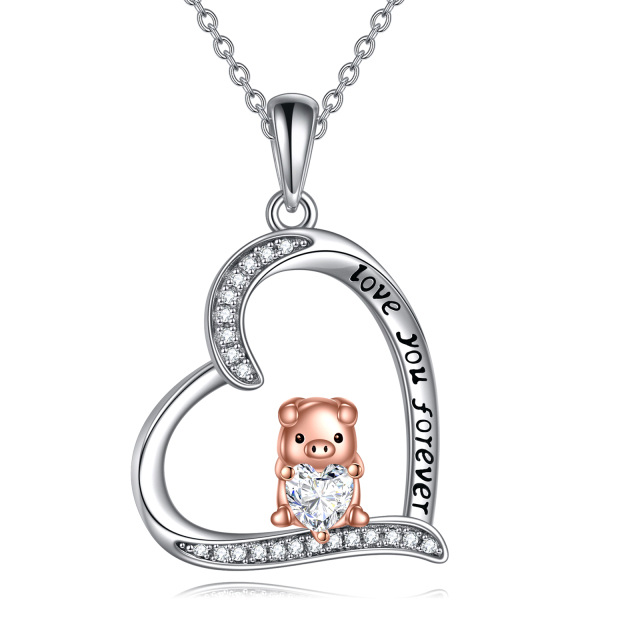 Sterling Silver Two-tone Zircon Pig & Heart Pendant Necklace with Engraved Word-0