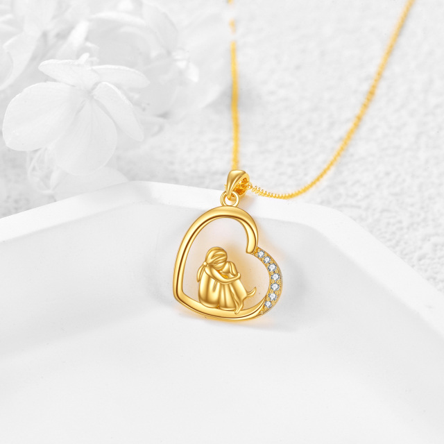 14K Gold Zircon Dog & Heart Pendant Necklace-2