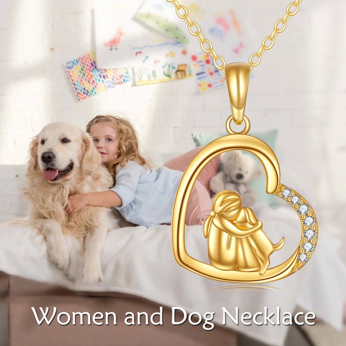 14K Gold Zircon Dog & Heart Pendant Necklace-6