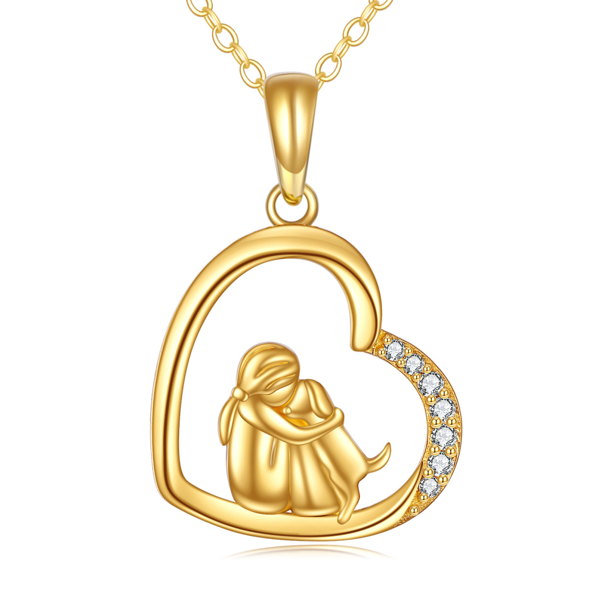 14K Gold Zircon Dog & Heart Pendant Necklace-1