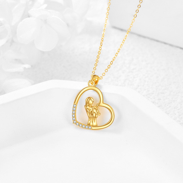 14K Gold Cubic Zirconia Cat & Heart Pendant Necklace-2