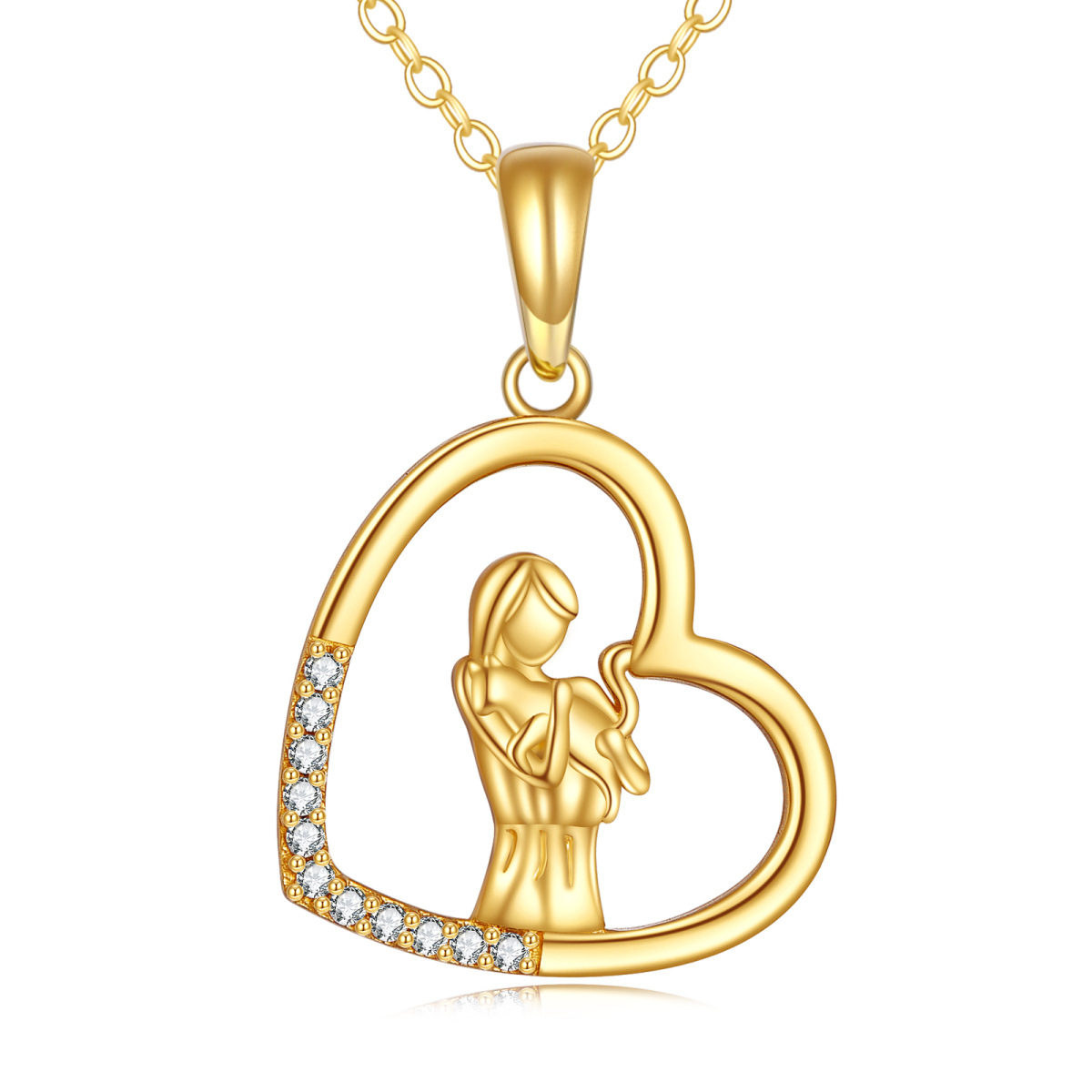 Collier en or 14K avec pendentif chat et coeur en zircon cubique-1