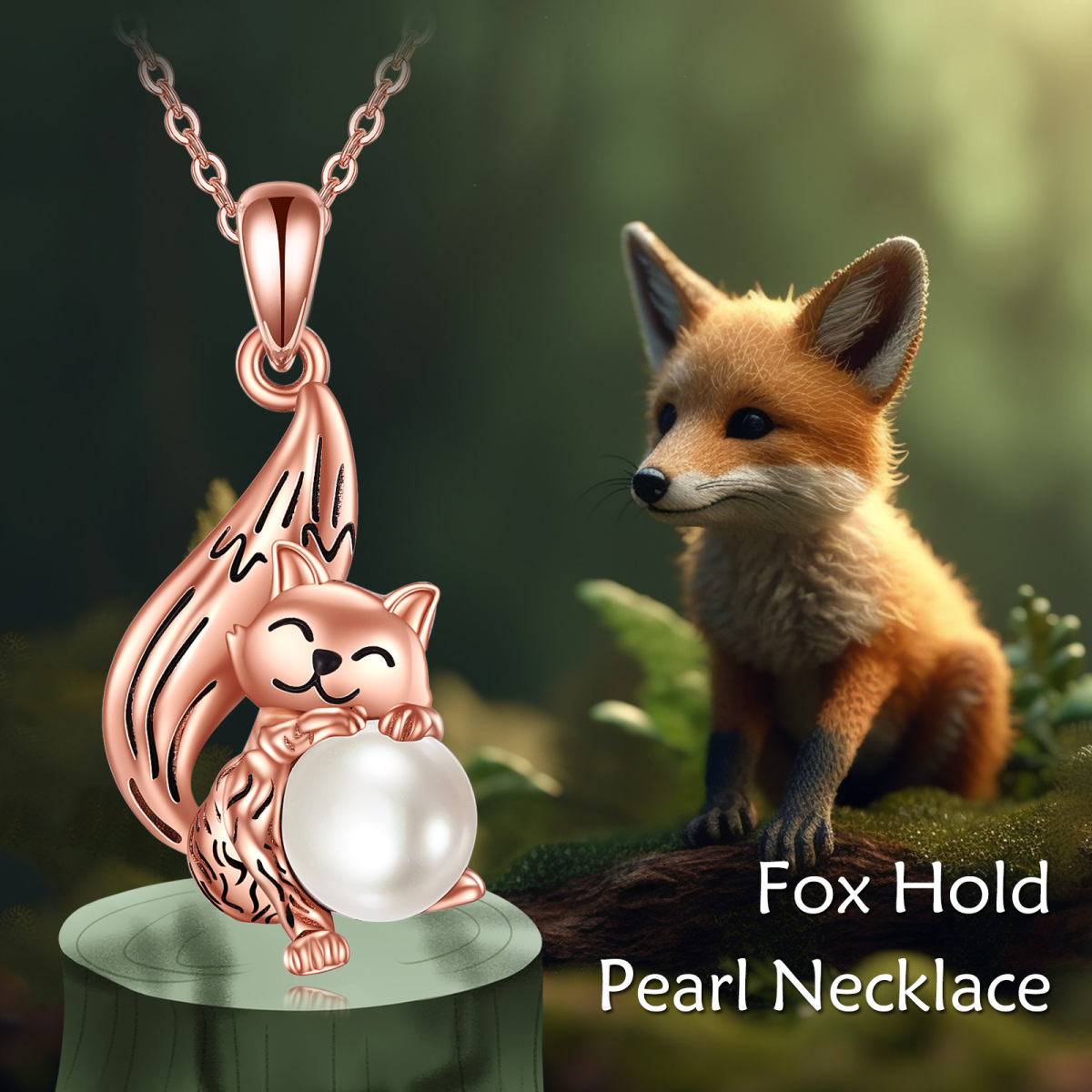 Sterling Silver with Rose Gold Plated Round Pearl Fox Pendant Necklace-4