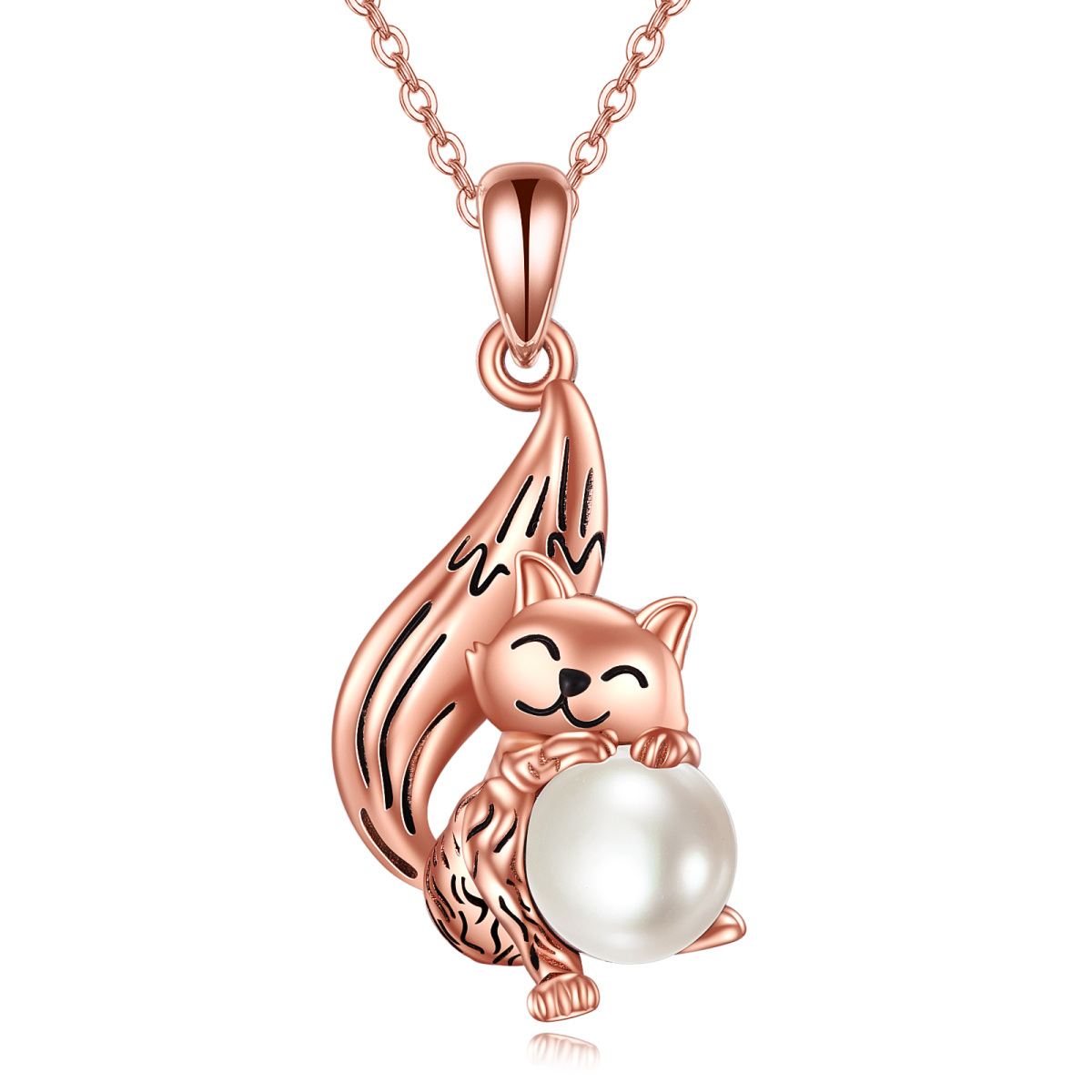 Sterling Silver with Rose Gold Plated Round Pearl Fox Pendant Necklace-1