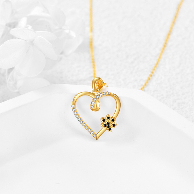 14K Gold Round Zircon Paw & Heart Pendant Necklace-2