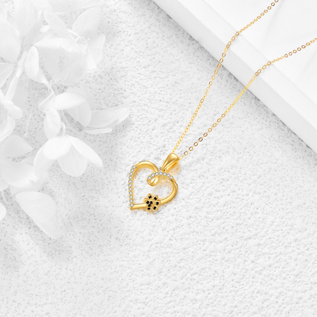 14K Gold Round Zircon Paw & Heart Pendant Necklace-3