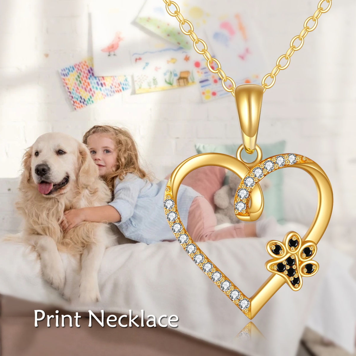 14K Gold Round Zircon Paw & Heart Pendant Necklace-6