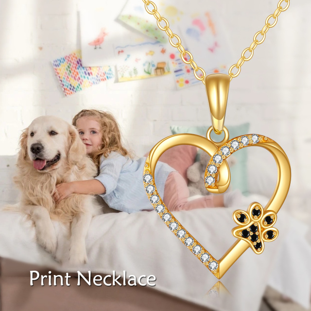 14K Gold Round Zircon Paw & Heart Pendant Necklace-5