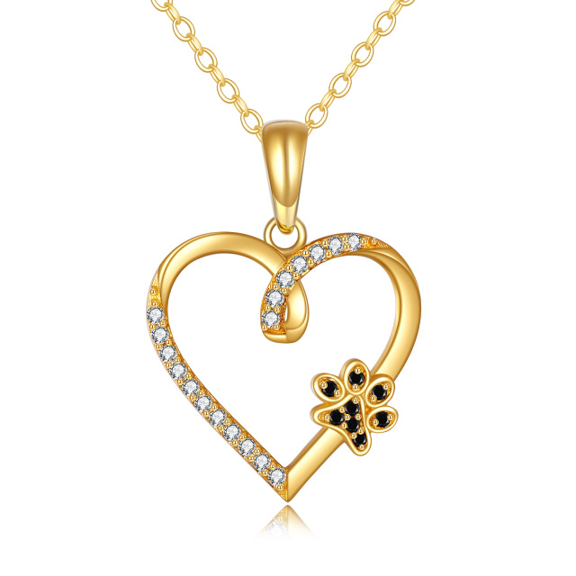 14K Gold Round Zircon Paw & Heart Pendant Necklace-0