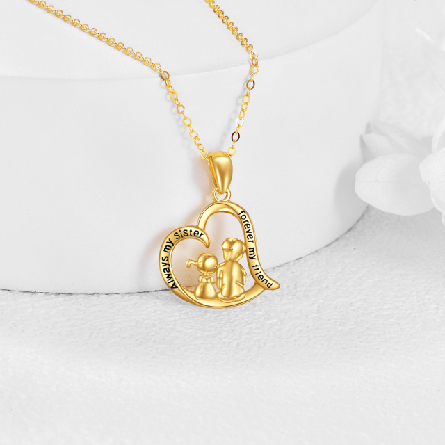 14K Gold Sisters & Heart Pendant Necklace with Engraved Word-3