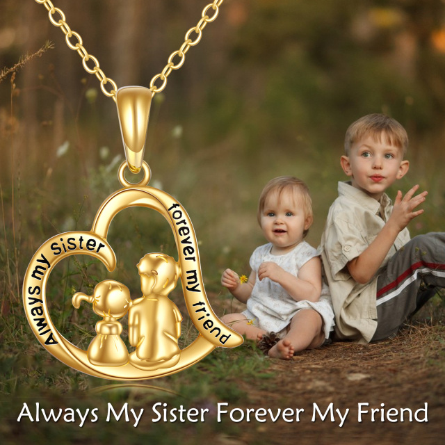 14K Gold Sisters & Heart Pendant Necklace with Engraved Word-2