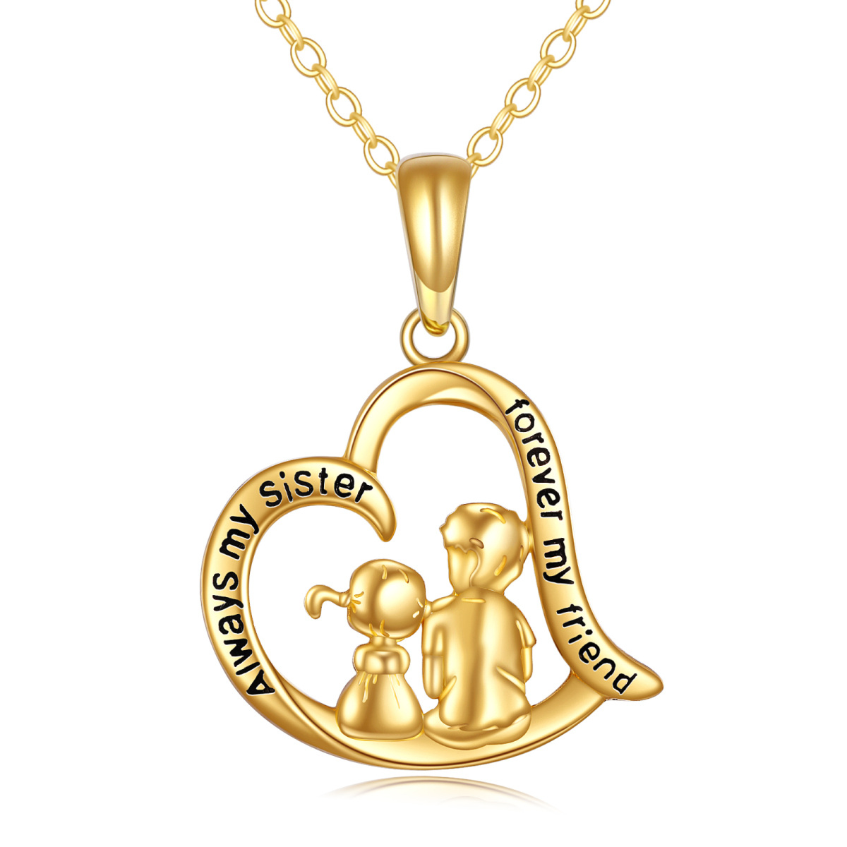 14K Gold Sisters & Heart Pendant Necklace with Engraved Word-1