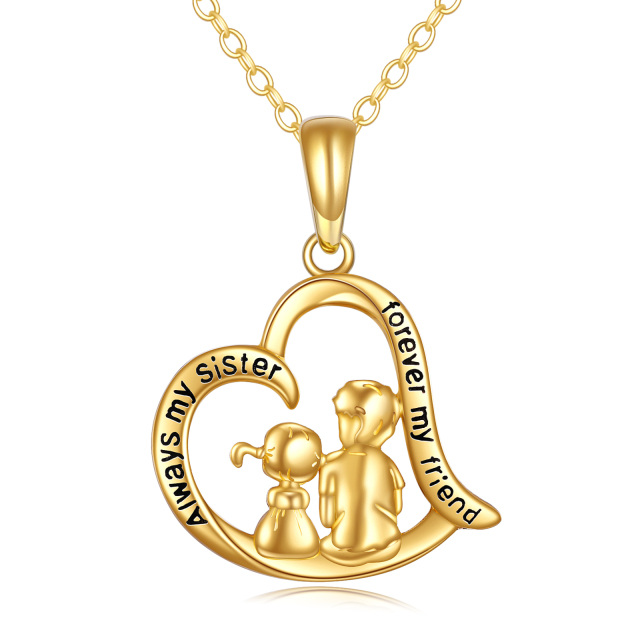 14K Gold Sisters & Heart Pendant Necklace with Engraved Word-0