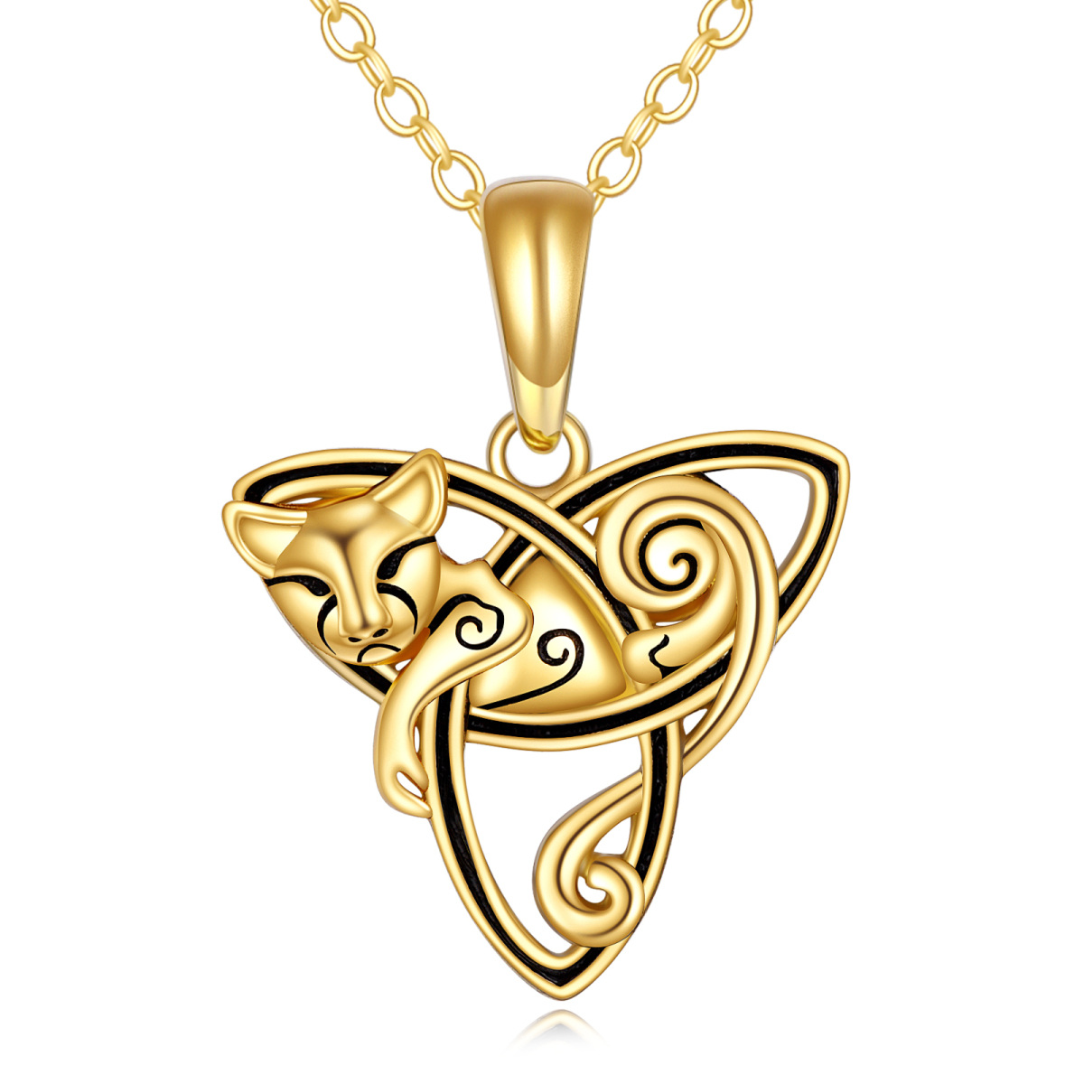 14K Gold Cat & Celtic Knot Pendant Necklace-1