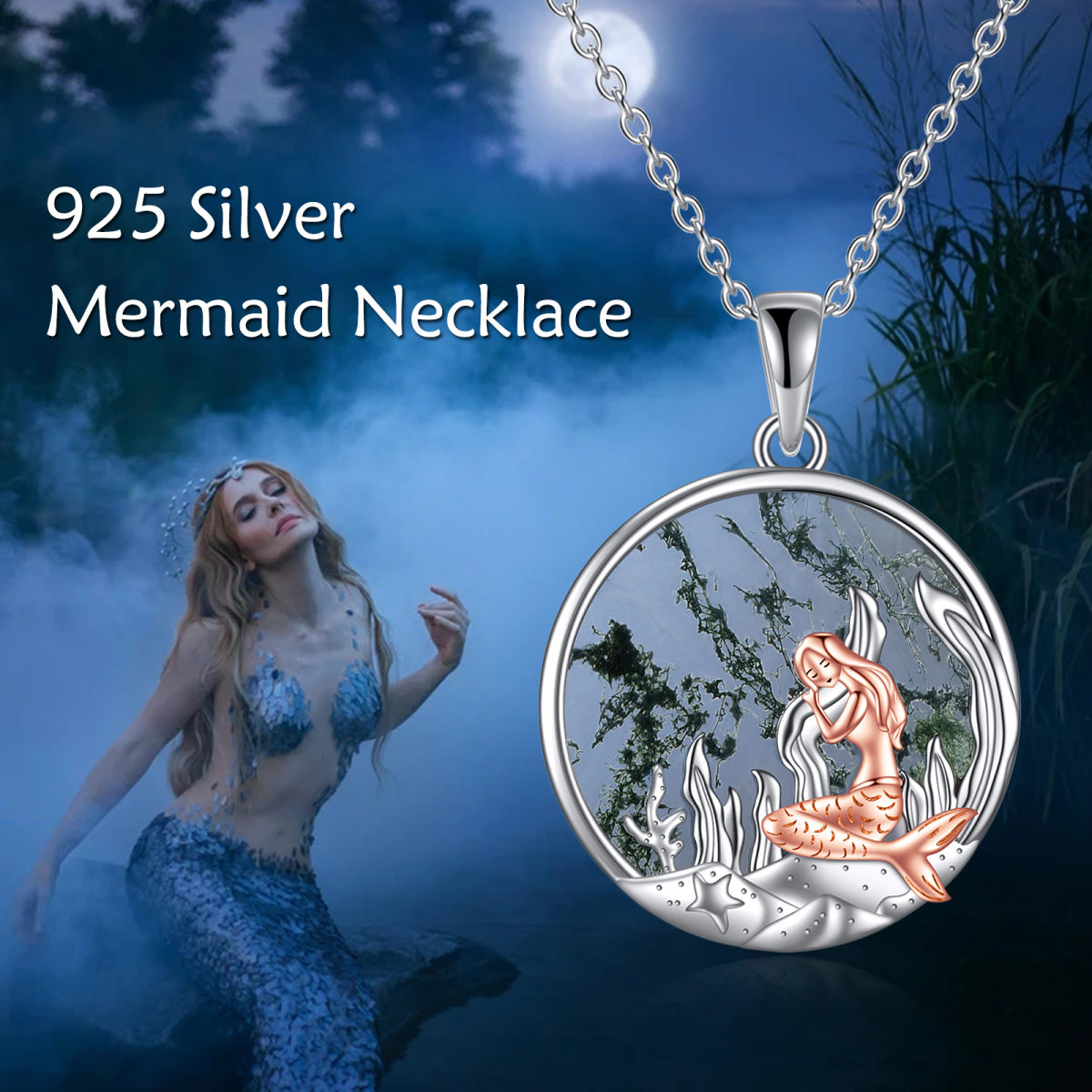 Sterling Silver Circular Shaped Moss Agate Mermaid Tail Pendant Necklace-6