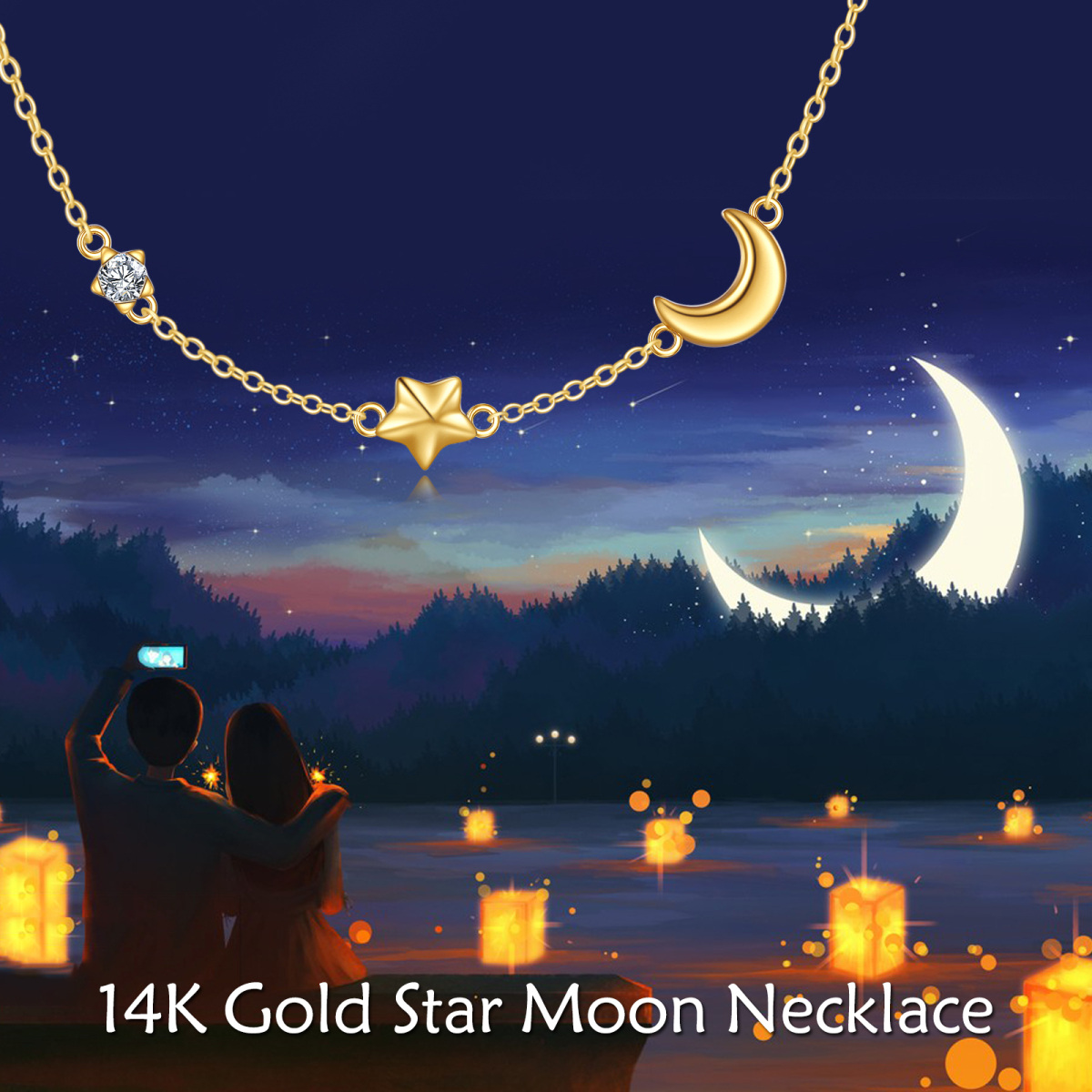 14K Gold Circular Shaped Cubic Zirconia Moon & Star Metal Choker Necklace-6