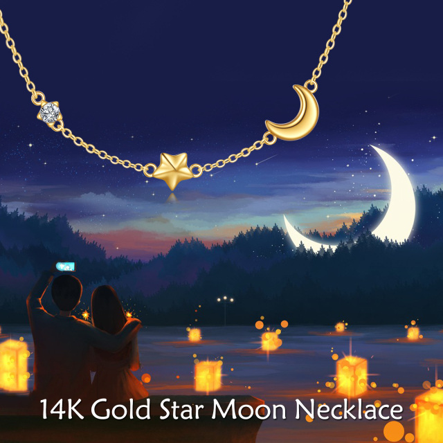 14K Gold kreisförmig kubischer Zirkonia Mond & Stern Metall Choker Halskette-5