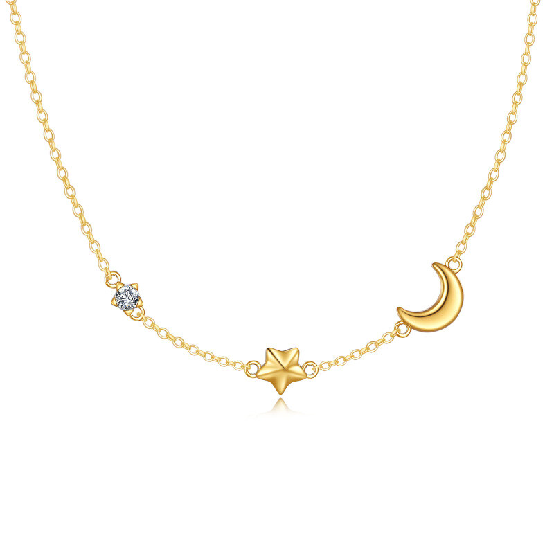 14K Gold Circular Shaped Cubic Zirconia Moon & Star Metal Choker Necklace