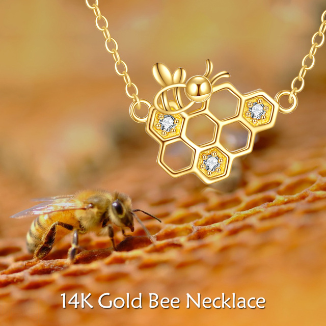 Collar colgante de oro de 14 quilates con circonita cúbica, abeja y nido de abeja-2