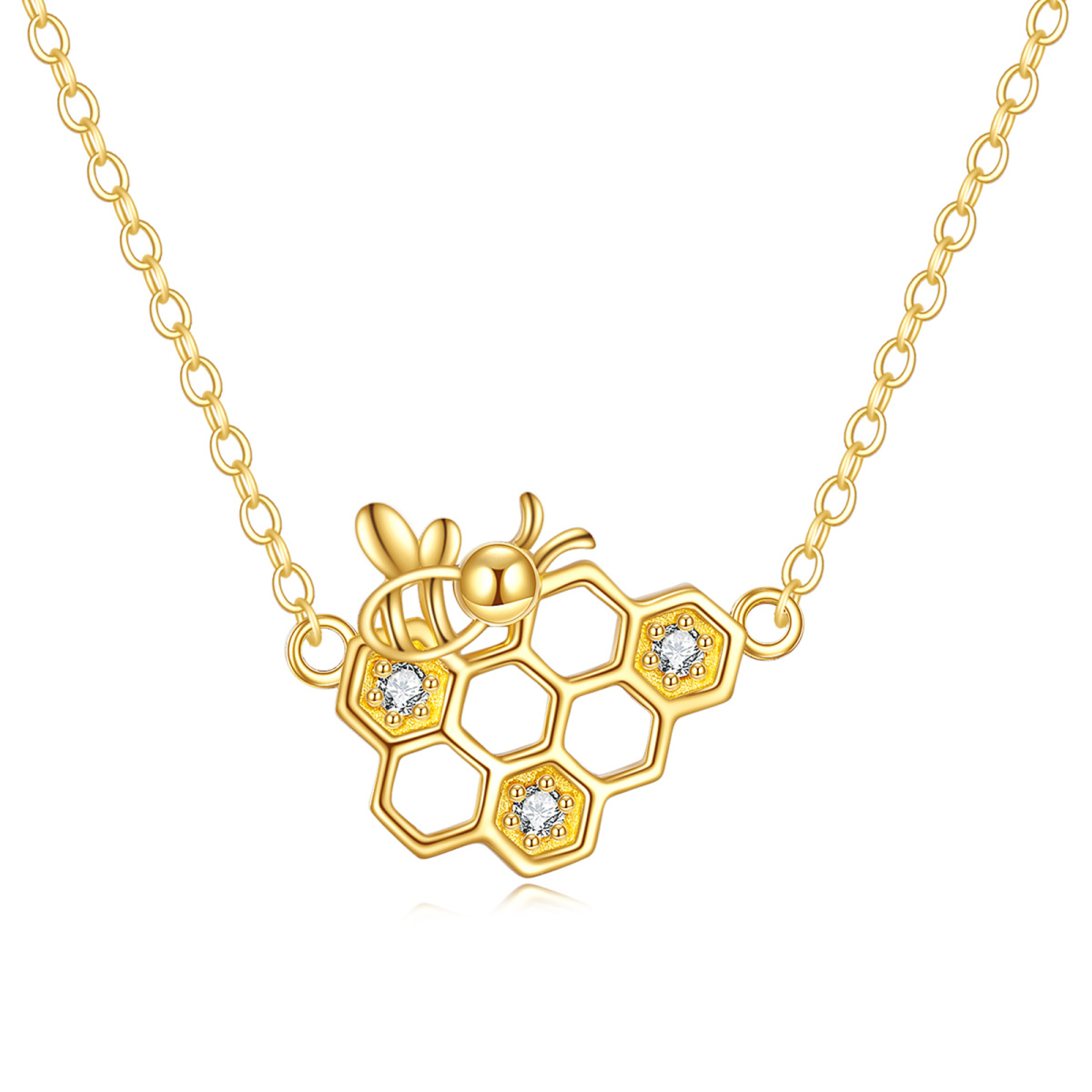 14K Gold Cubic Zirconia Bee & Honeycomb Pendant Necklace-1