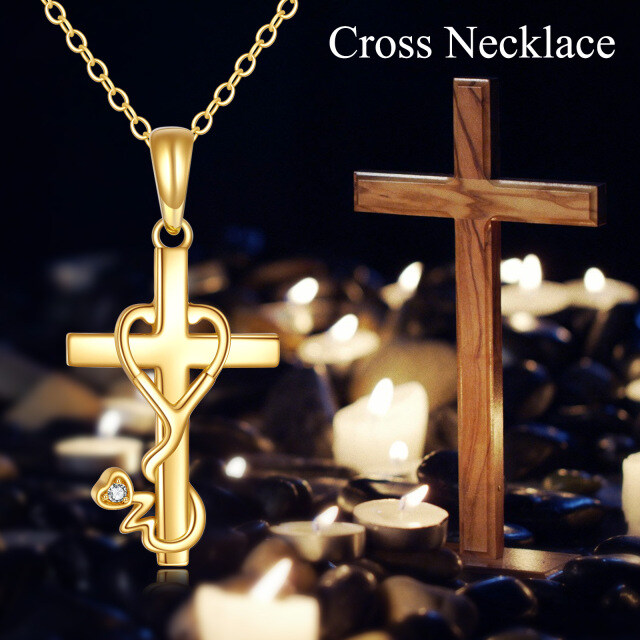 9K Gold Cubic Zirconia Cross & Heart With Heart & Stethoscope Pendant Necklace-4
