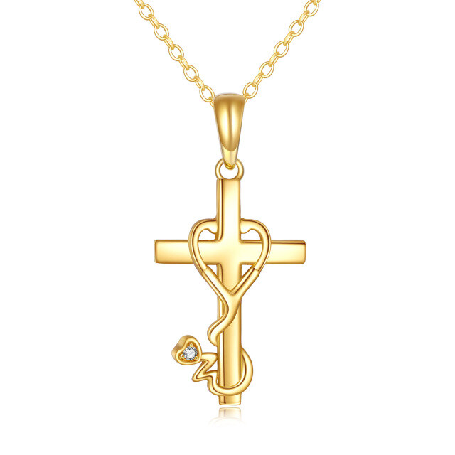 9K Gold Cubic Zirconia Cross & Heart With Heart & Stethoscope Pendant Necklace-0