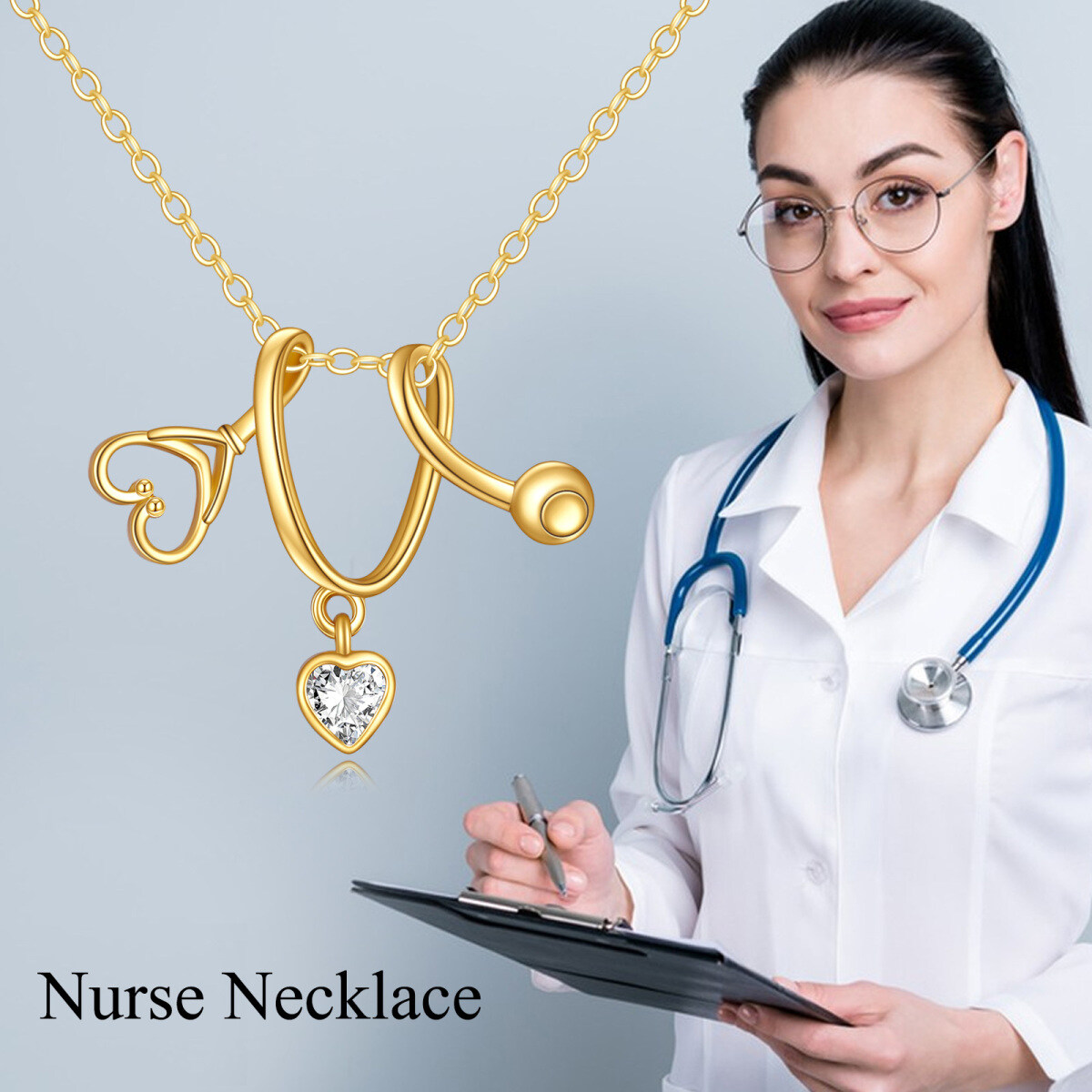 9K Gold Heart Zircon Stethoscope Pendant Necklace-6