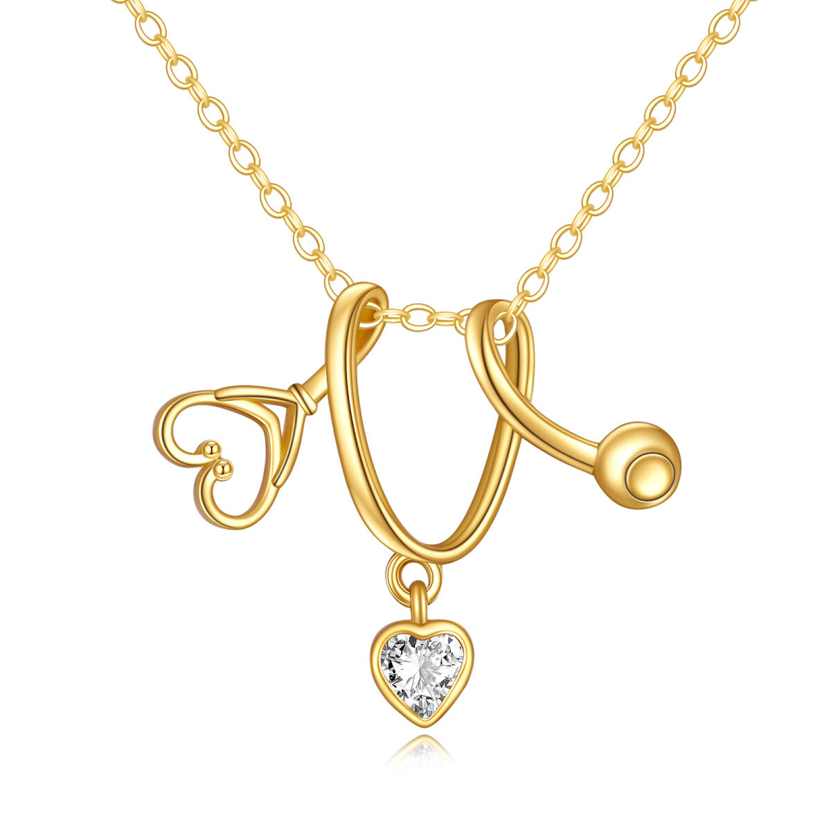 9K Gold Heart Zircon Stethoscope Pendant Necklace-1