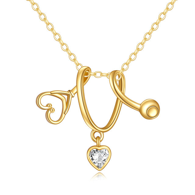 9K Gold Heart Zircon Stethoscope Pendant Necklace-0