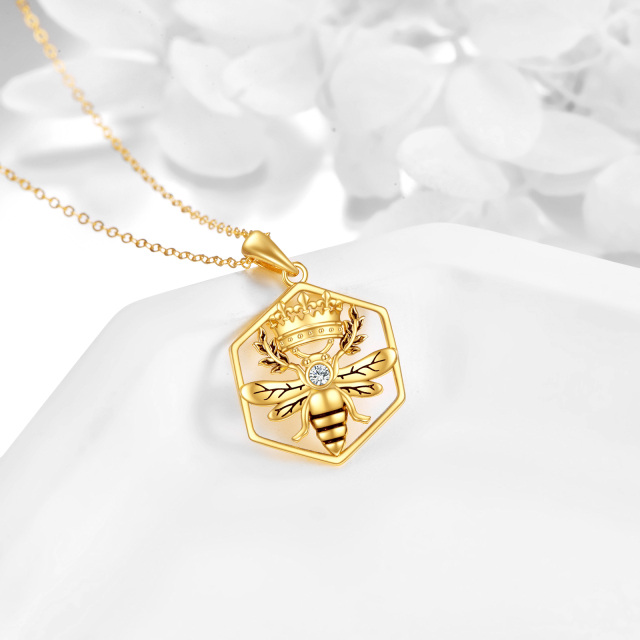 14K Gold Cubic Zirconia Bee & Crown Pendant Necklace-4