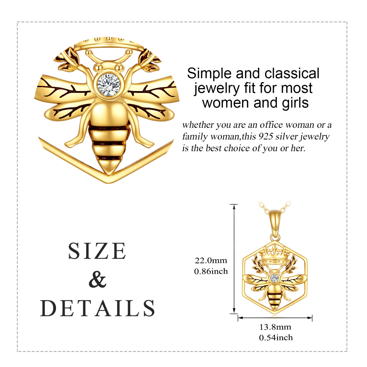 14K Gold Cubic Zirconia Bee & Crown Pendant Necklace-5