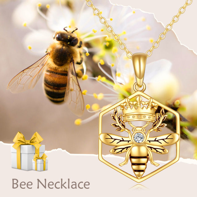 14K Gold Cubic Zirconia Bee & Crown Pendant Necklace-3