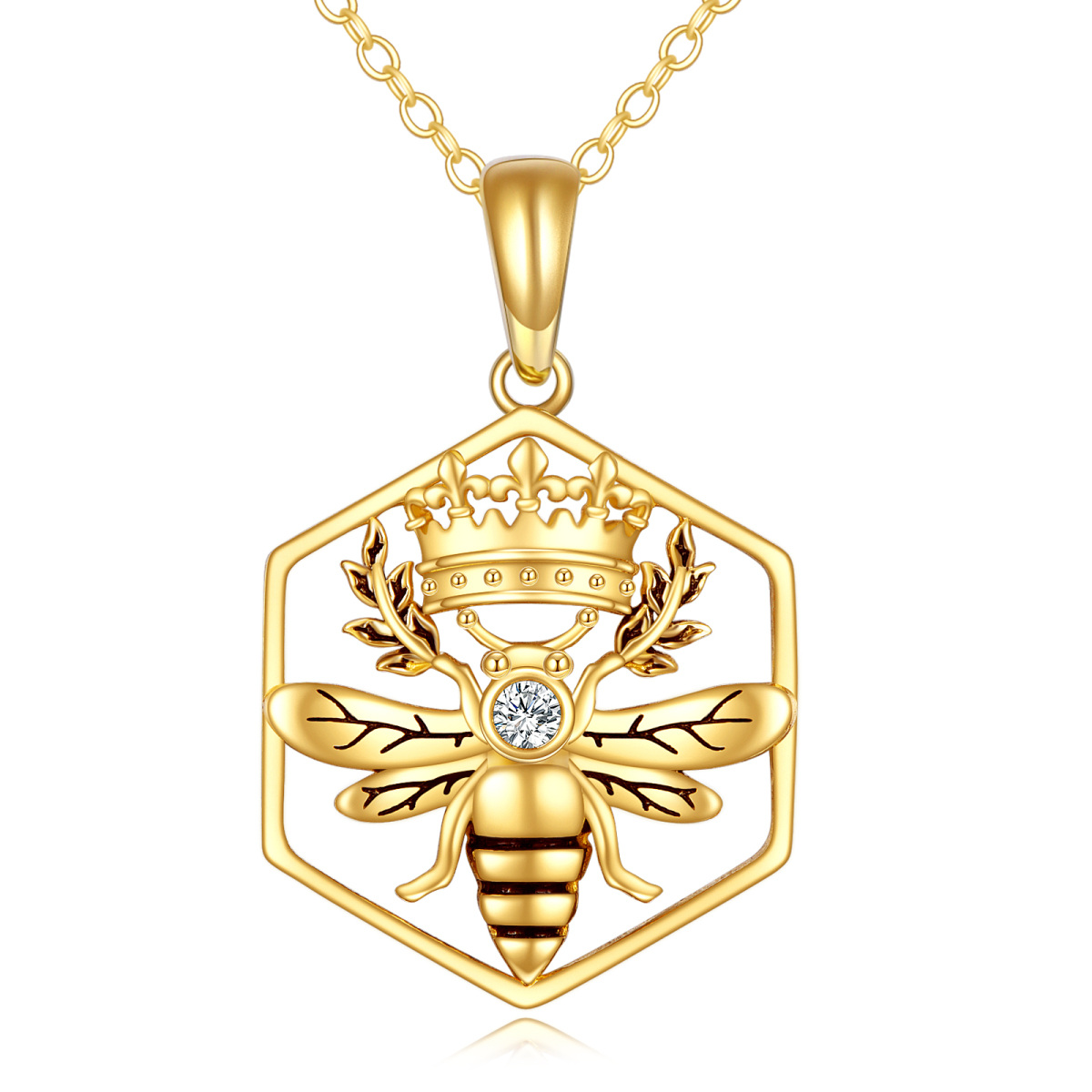 14K Gold Cubic Zirconia Bee & Crown Pendant Necklace-1