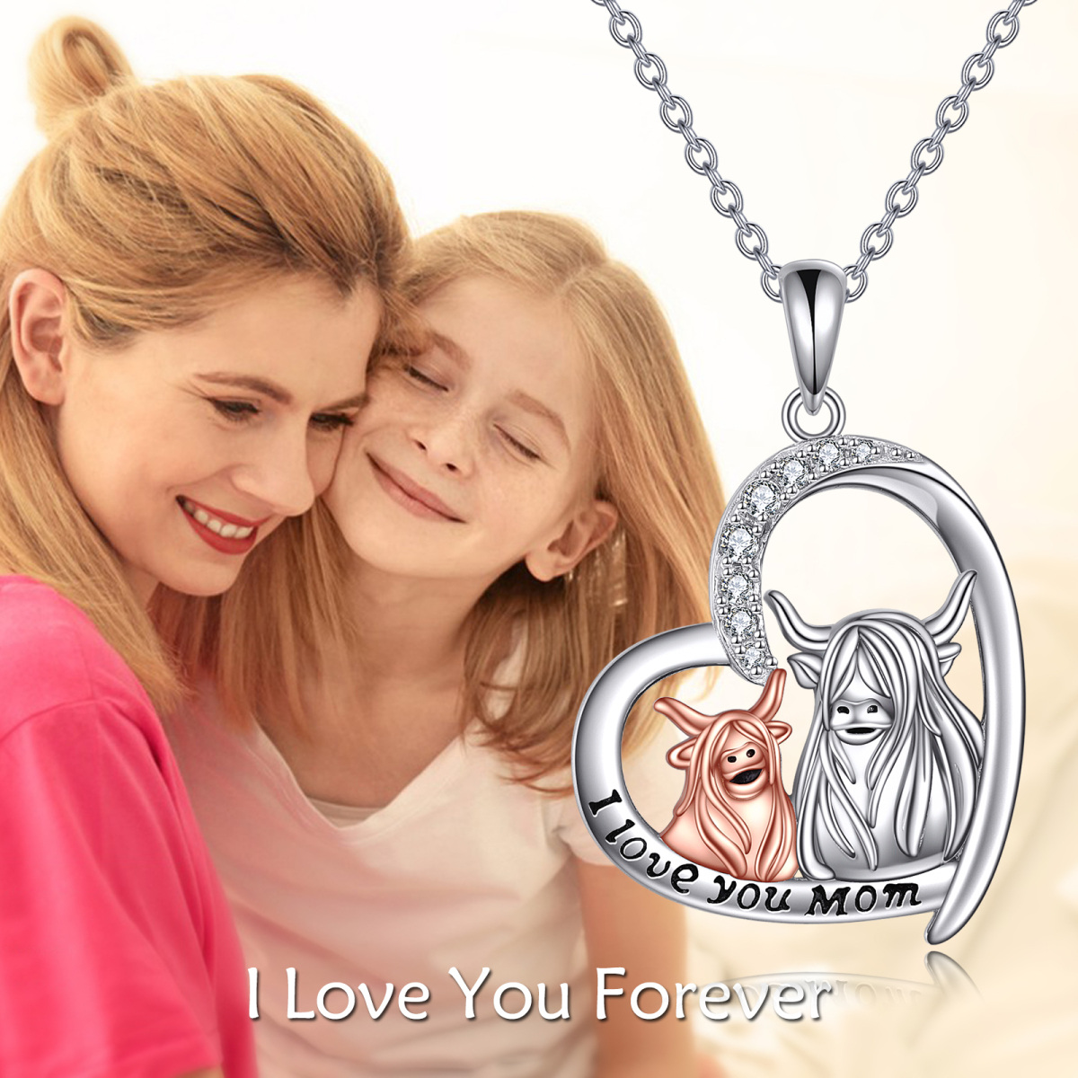Sterling Silver Two-tone Zircon Highland Cow & Heart Pendant Necklace with Engraved Word-6
