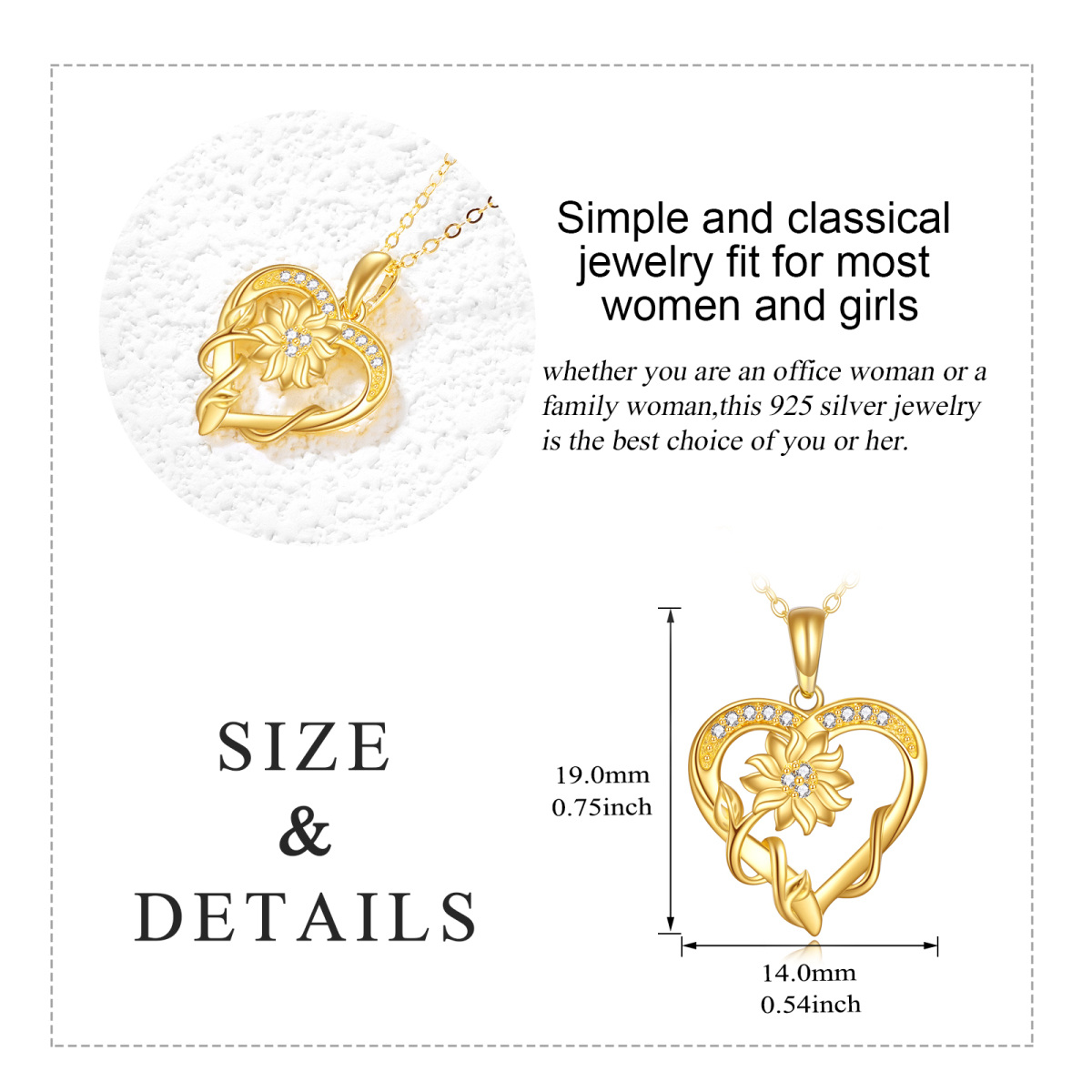 14K Gold Cubic Zirkonia Sonnenblume & Herz-Anhänger Halskette-6